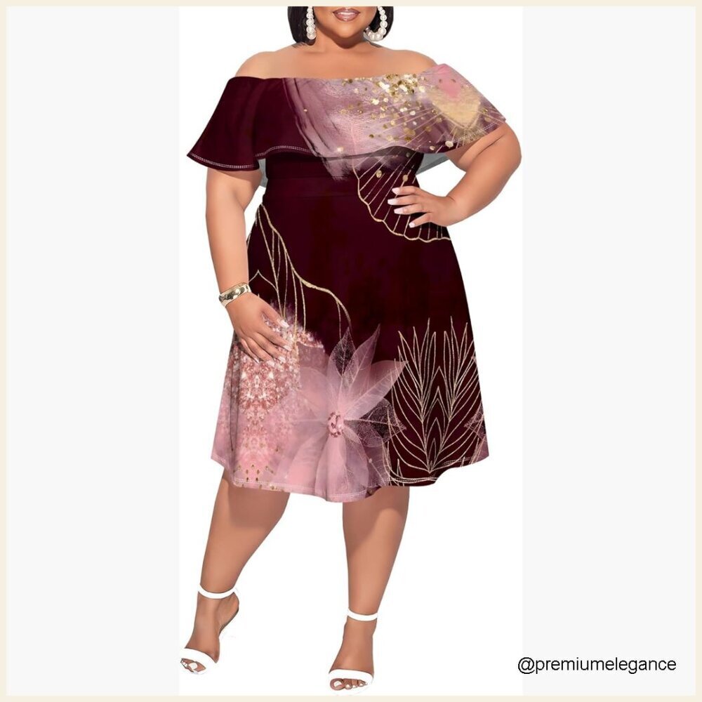 Plus Size Off Shoulder Midi Dress Flowy Summer Casual Polyester